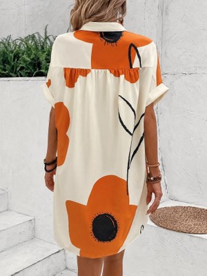 Gökyüzü Moda Kadın Kısa Kollu Yakalı Çiçek Desenli Kısa Süprem Elbise