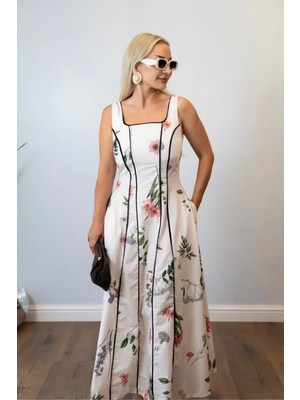 Muna Boutique Kadın Çiçek Desenli Kare Yaka Uzun Elbise - Siyah Biye Detaylı Cepli Maksi Elbise