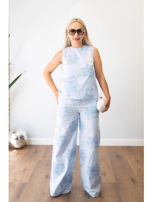 Muna Boutique Kadın Mavi Nakış Işlemeli Ikili Takım - Beli Lastikli Geniş Paça Pantolon Bluz Kombin