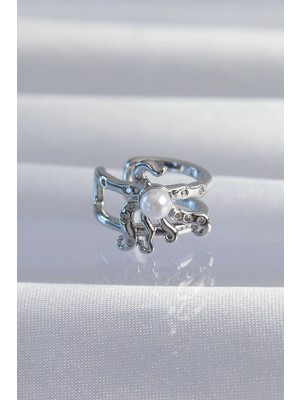 Nevamel® Pirinç Gümüş Renk Incili Ahtapot Earcuff Küpe 5886