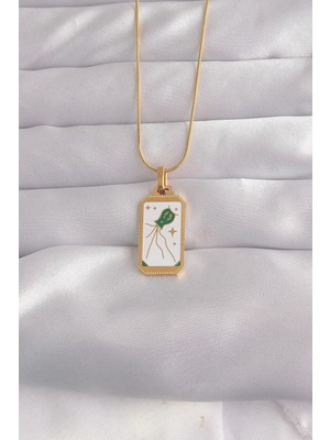 Nevamel® 316L Çelik Gold Renk Beyaz Mineli Tarot Kolye 5886