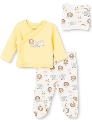 Hellobaby Erkek Bebek Zıbın-Şapka-Alt Hayvan Baskılı Çıtçıtlı V Yaka Uzun Kol Patikli