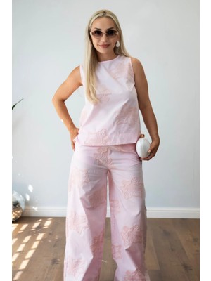 Muna Boutique Kadın Pembe Nakış Işlemeli Ikili Takım - Beli Lastikli Geniş Paça Pantolon Bluz Kombin