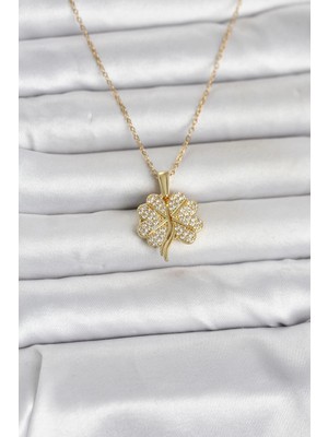 Nevamel® 316L Çelik Gold Renk Açılabilir Yonca Model Zirkon Taşlı Kadın Kolye 5886