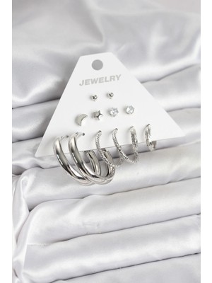 Nevamel® Pirinç Gümüş Renk Halka Modelli 6 Çift Kadın Küpe 5886