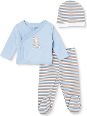 Hellobaby Erkek Bebek Zıbın-Şapka-Alt Ayı Baskılı Çıtçıtlı V Yaka Uzun Kol Patikli