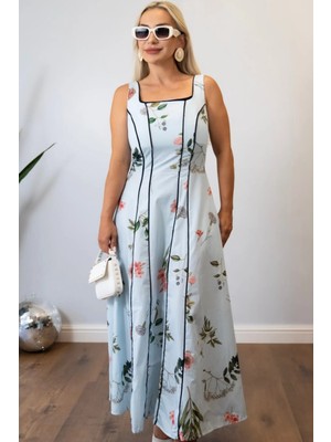 Muna Boutique Kadın Mavi Çiçek Desenli Kare Yaka Uzun Elbise