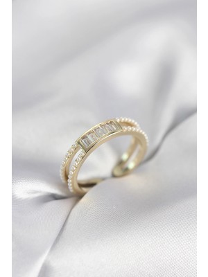 Nevamel® Baget Zirkon Taşlı Gold Renk Incili Kadın Yüzük 5886