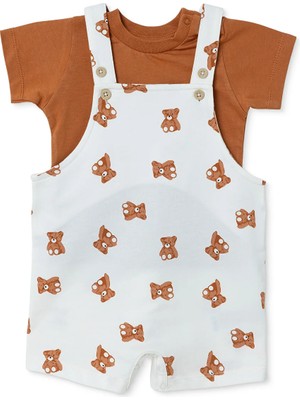 Hellobaby Erkek Bebek Şort Salopet-Tshirt Ayı Baskılı Düğmeli Bisiklet Yaka Kısa Kol Patiksiz