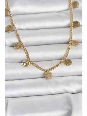 Nevamel® 316L Çelik Gold Renk Yaşam Ağacı Model Kadın Kolye 5886
