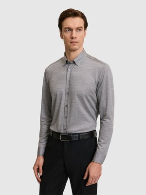 Cacharel Erkek Gri Slim Fit Yün Karışımlı Yakası Alttan Biritli Gömlek 50326154-VR024