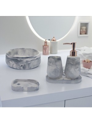 UltraMint 5'li Mermer Desenli Banyo Seti – Sıvı Sabunluk, Diş Fırçalık, Kase, Tepsi