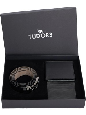 Tudors Özel Kutulu Erkek 3'lü Set Hediyelik - Çeyizlik Cüzdan, Kartlık ve Kemer Seti
