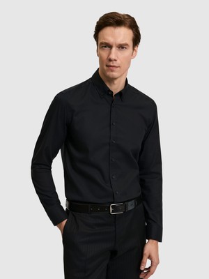 Cacharel Erkek Siyah Slim Fit %100 Pamuk Yakası Düğmeli Oxford Gömlek 50325041-VR046