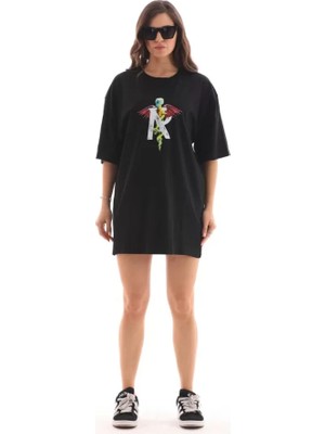 Oada Unisex Bisiklet Yaka Baskılı Oversize T-Shirt - Siyah