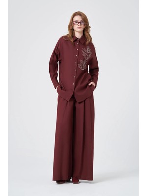 Ftz Women Kadın Zincir Işleme Tencel Keten Takım  Bordo 31374
