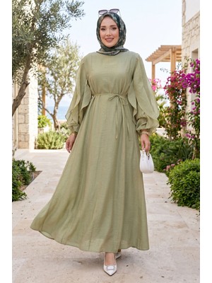 Lab Kolları Fırfırlı Kuşaklı Tesettür Elbise Yeşil Olive