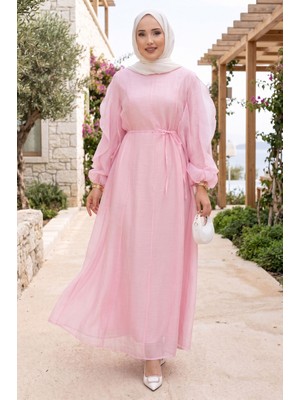 Lab Kolları Fırfırlı Kuşaklı Tesettür Elbise Pembe