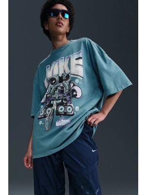 Nike Sportswear Oversize Ss Womens Tee Grafik Baskılı Bol Kesim Kadın Tişört Mavi