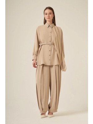 Ftz Women Kadın Şifon Detay Pantolonlu Takım  Beige 31314