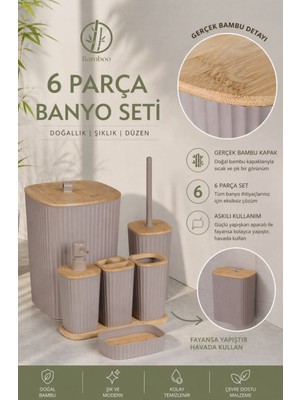 UltraMint Bambu Detaylı 6 Parça Vizon Banyo Seti, Şık ve Fonksiyonel Tasarım