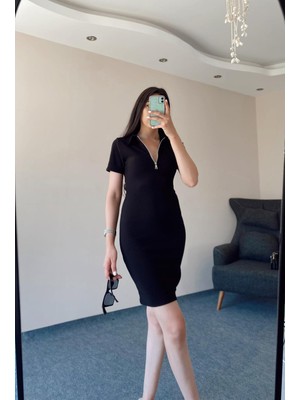 Olbia Butik Kadın Siyah Toparlayıcı Kumaş Polo Yaka Elbise