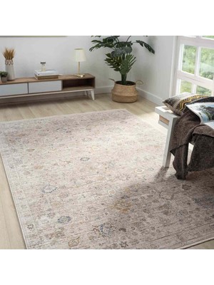 Pera Halı Açık Bej Gri Pastel Klasik Çiçekli Eskitme Halı - DK10203BP