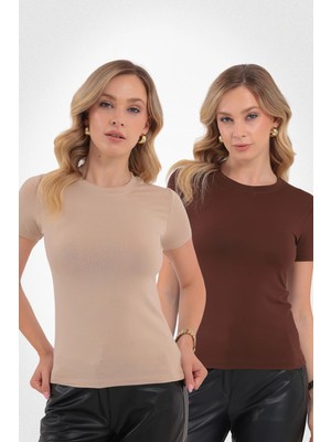 Yade Fashion Kısa Kol Bisiklet Yaka Bluz 2\'li Set