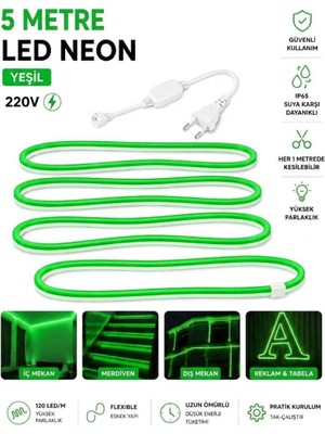Ookay Led 220V Yeşil Neon LED 5 Metre Halinde Fiş ile Birlikte