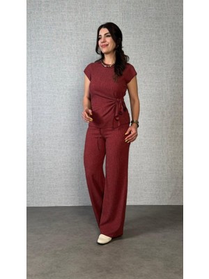 Efnaz Style Kadın Kısa Kollu Bisiklet Yaka Yandan Bağlamalı Bürümcük Bluz ve Pantolon Ikili Takım