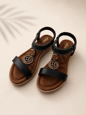 Mergenshoes Akç A23 Siyah Günlük Taşlı Kadın Sandalet Ayakkabı