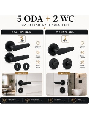Badem10 (7 Takım)  5 Oda + 2 Wc Kayı Mat Siyah Rozetli Kapı Kolu Seti Modern Şık Kapı Kolu Takımı Kolları