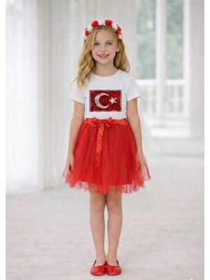 Nacar Store Kız Çocuk Ayyıldız Pullu Bayrak Desenli Gösteri Takımı 23 Nisan ve Özel Bayramlar