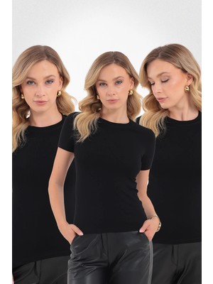 Yade Fashion Kısa Kol Bisiklet Yaka Bluz 3\'lü Set