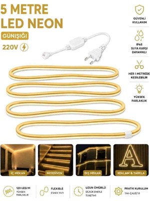 Ookay Led 220V Günışığı Neon LED 5 Metre Halinde Fiş ile Birlikte