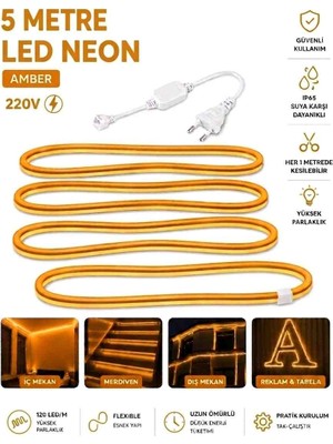 Ookay Led 220V Amber Neon LED 5 Metre Halinde Fiş ile Birlikte