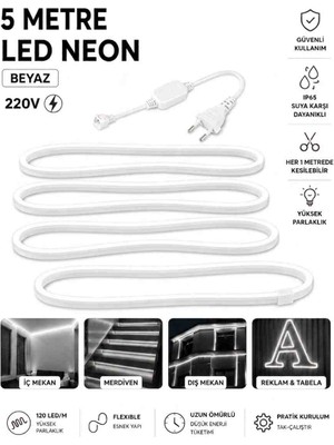 Ookay Led 220V Beyaz Neon LED  5 Metre Halinde Fiş ile Birlikte