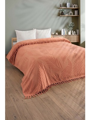 Sevim Çift Kişilik Saçaklı Havlu Yatak Örtüsü - %100 Pamuk & Yumuşak & Saçaklı Pike - 200X220 Cm-Kiremit