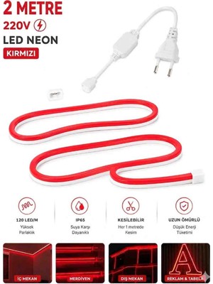 Ookay Led 220V Neon LED 2 Metre Kırmızı Fiş ile Birlikte