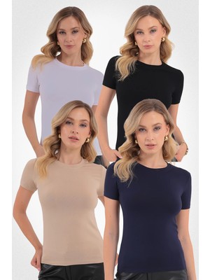 Yade Fashion Kısa Kol Bisiklet Yaka Bluz  4\'lü Set
