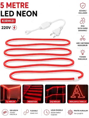 Ookay Led 220V Neon LED 5 Metre Halinde Fiş ile Birlikte