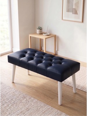 Azra Mobilya Modern Kapitoneli Lacivert Deri Kumaş Bench Puf Oturma Bankı Ahşap Beyaz Ayaklı Demonte 90X45