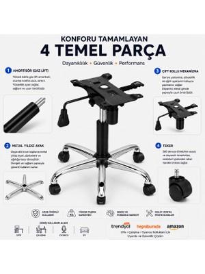 Kübra Büro Ofis Koltuğu Tamir Seti Metal Ayaklı Dayanıklı Amortisör 5’li Teker Çift Kollu Mekanizma