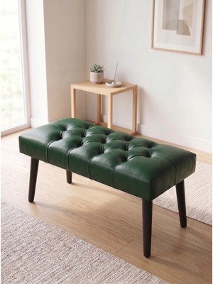 Azra Mobilya Modern Kapitoneli Yeşil Deri Kumaş Bench Puf Oturma Bankı Ahşap Siyah Ayaklı Demonte 90X45