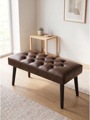 Azra Mobilya Modern Kapitoneli Acı Kahve Deri Kumaş Bench Puf Oturma Bankı Ahşap Siyah Ayaklı Demonte 90X45