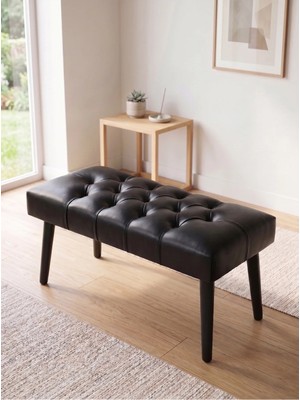 Azra Mobilya Modern Kapitoneli Siyah Deri Kumaş Bench Puf Oturma Bankı Ahşap Siyah Ayaklı Demonte 90X45