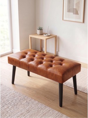 Azra Mobilya Modern Kapitoneli Taba Deri Kumaş Bench Puf Oturma Bankı Ahşap Siyah Ayaklı Demonte 90X45