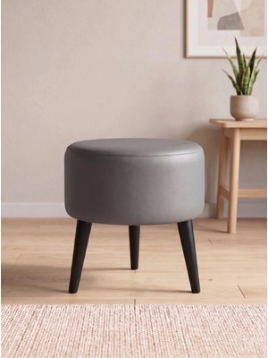 Azra Mobilya Modern Gri Deri Puf Tabure Ahşap Siyah Ayaklı Yuvarlak Puf 40X42 cm