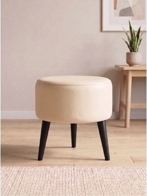Azra Mobilya Modern Krem Deri Puf Tabure Ahşap Siyah Ayaklı Yuvarlak Puf 40X42 cm