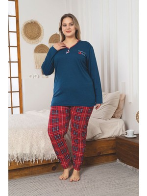 Asel Büyük Beden Uzun Kol Pamuklu Likralı Pijama Takımı